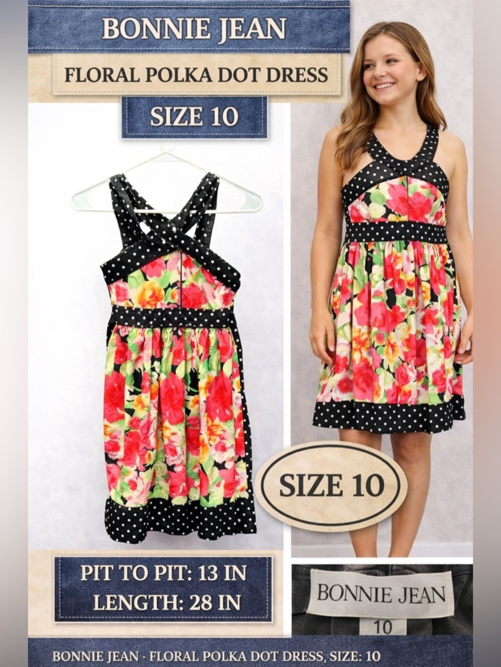 Bonnie jean Floral Polka Dot Dress size 10  pit to pit 13in length 28in